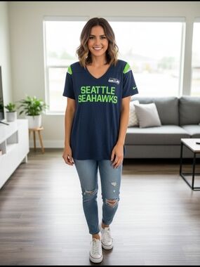NFL Seattle Seahawks Navy and Neon Green Short Sleeve Tee